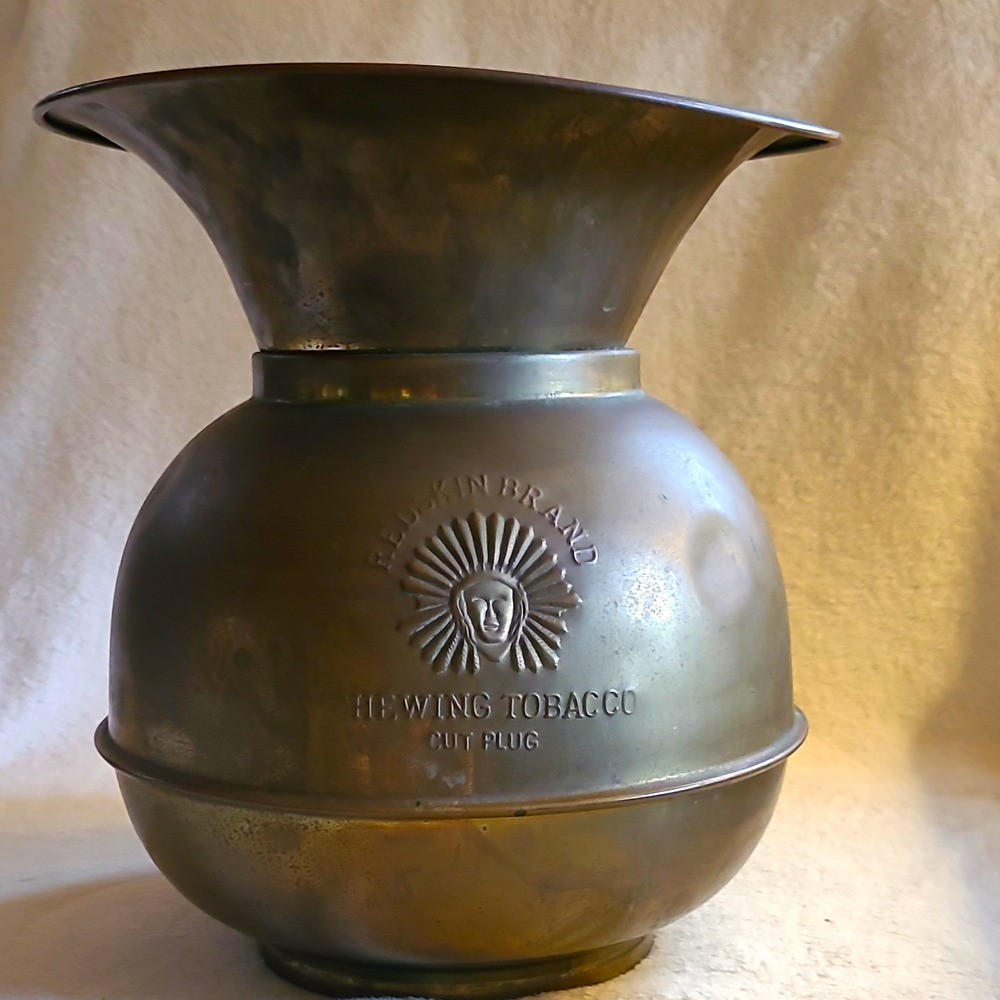Vintage Redskin Brand Chewing Tobacco Brass Spittoon Cuspidor Cut Plug Patina